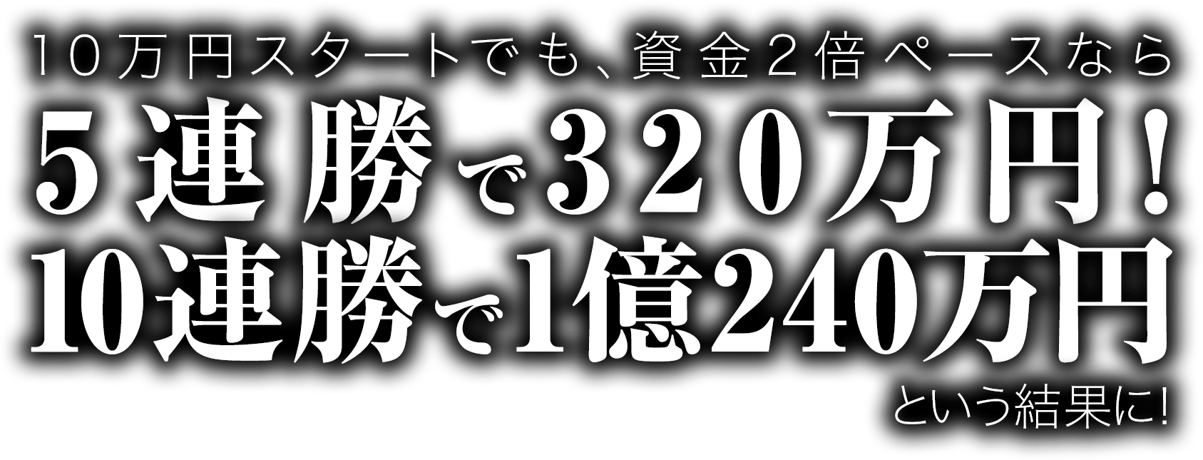 10万円スタートでも、資金2倍ペースなら、5連勝で320万円！10連勝で1億240万円という結果に！